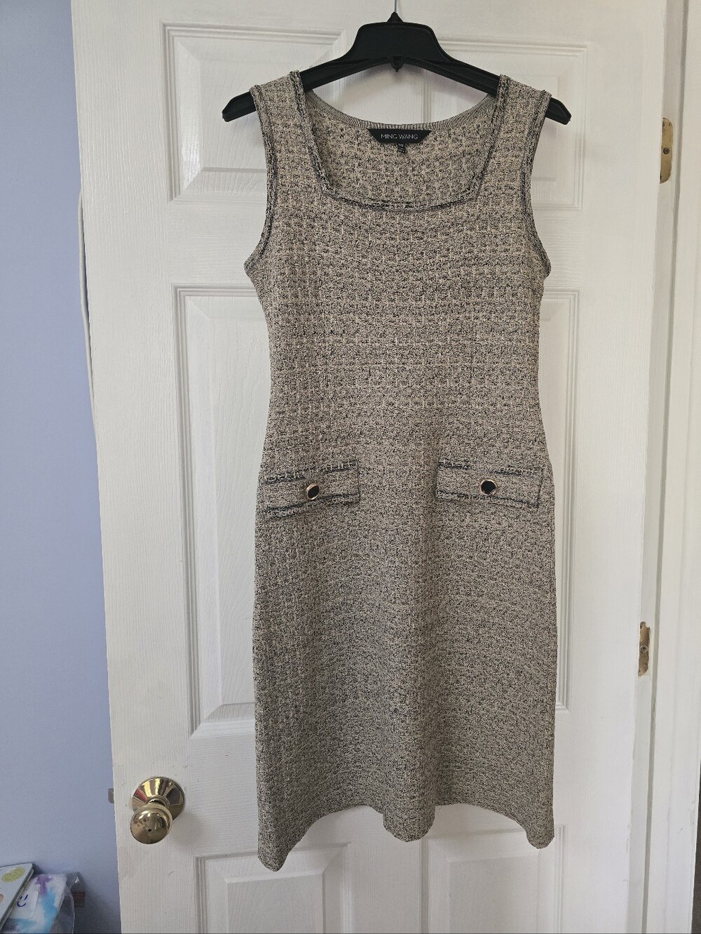 Ming Wang Neutral Tweed Sleeveless Shift Dress